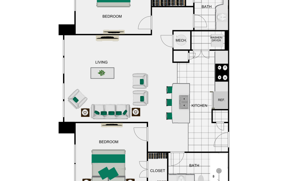 B2.P8 - 2 bedroom floorplan layout with 2 bathrooms and 1075 square feet