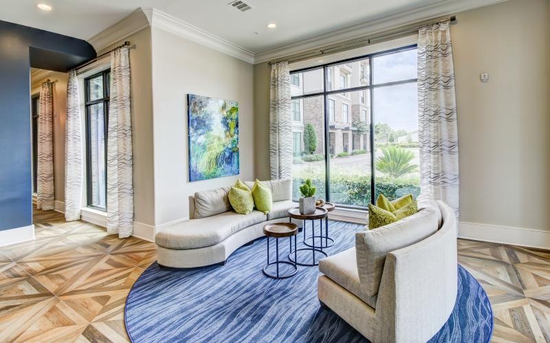 a living room with a large window